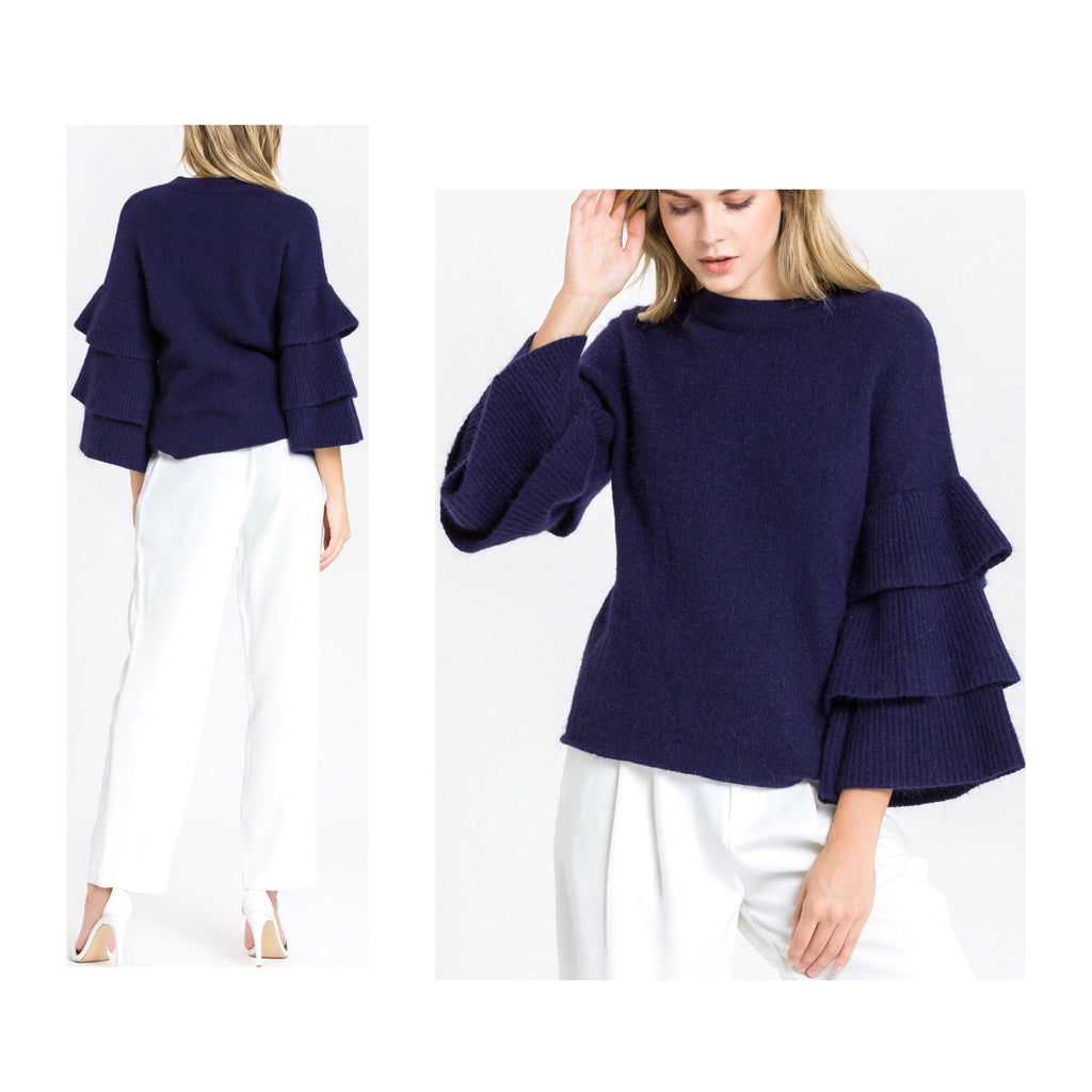 Navy Blue 3/4 Sleeve Sweater with Contrasted Tiered Ribbed Ruffle ...