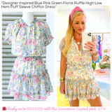 Designer Inspired Blue Pink Green Floral Ruffle High Low Hem Puff Sleeve Chiffon Dress