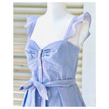 Pink & Blue Seeesucker Gingham Flutter Sleeve Dress with Bustier Bodice & Front Pleat