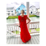 Poppy Red Textured Flutter Sleeve Ruffle Hem Maxi Dress with V-Cut Bow Tie Back