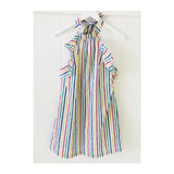 Rainbow Stripe Woven Ruffle Halter Dress with Open Ruffle Back