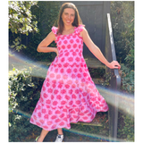 Pink Ruffled Flutter Sleeve Smocked Lotus Print Eloise Dress