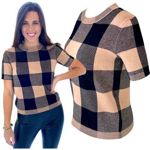 Caramel & Black Check Knit Short Sleeve Loyola Sweater
