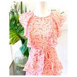 Pink on Pink Woven Floral A-Line Dress with Cascading Ruffles & Belt Sash