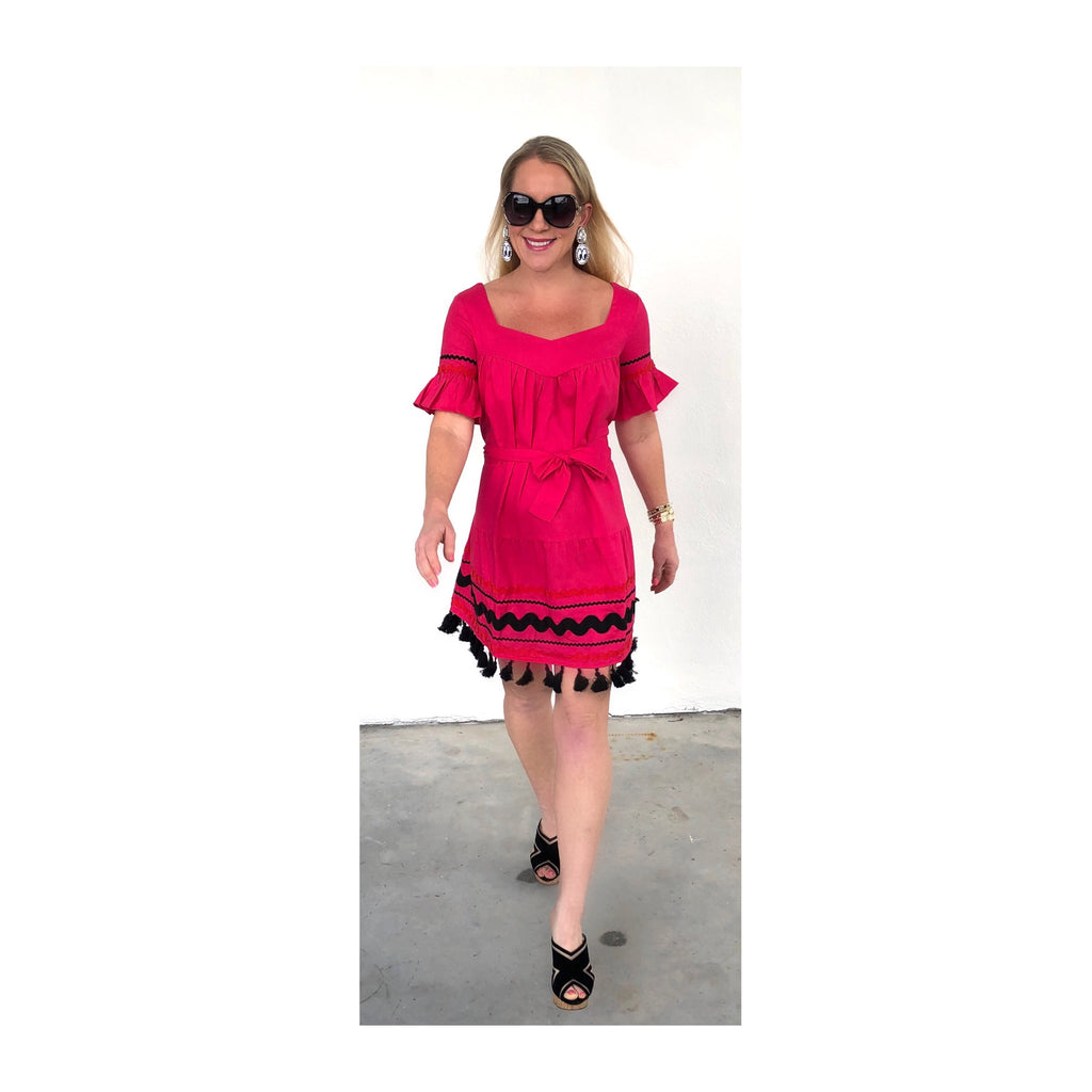 Magenta Bell Sleeve Belted Dress with Ric Rac Embroidery & Tassel Hem ...