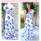White blue & pink Bloom Twist Front Maxi Dress