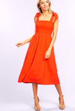 Tomato Red Smocked A-Line Midi Dress with Shoulder Ties