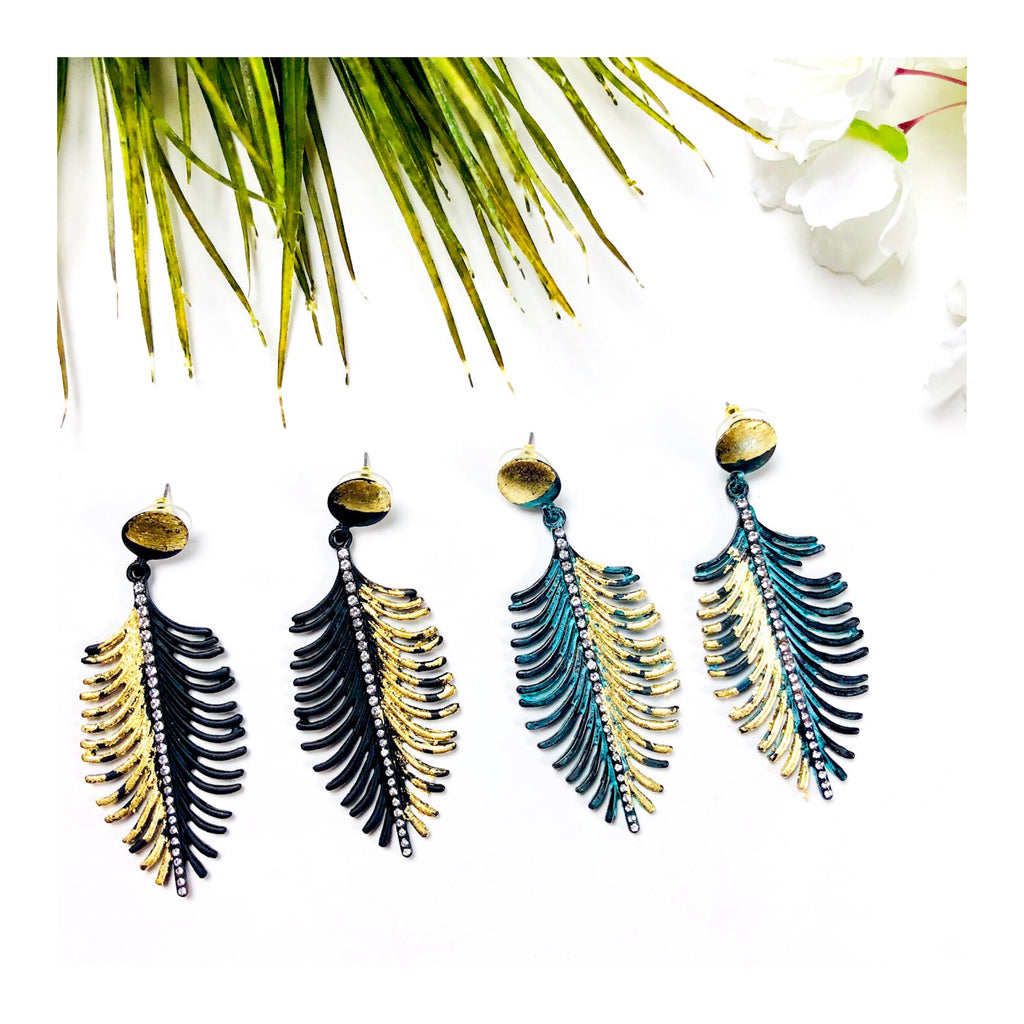 Rhinestone And Metallic Gold Painted Feather Earrings In Black Or Teal James Ascher