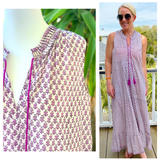 Purple Petal Block Print Ruffle Maxi Dress with Pockets