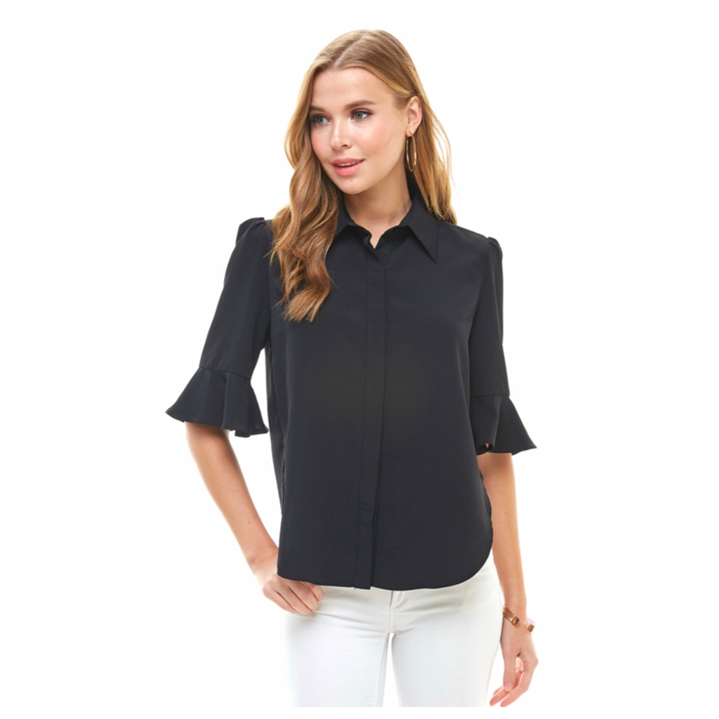 Black OR White Ruffled 1/2 Sleeve Button Down Top with Pleated Back ...
