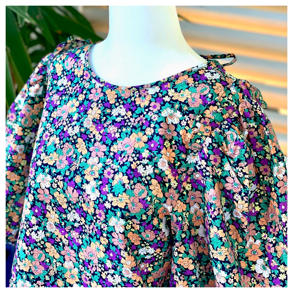 Green Purple Black Tan Floral Puff Sleeve Top with Keyhole Back - James ...