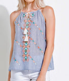 Blue White Stripe Embroidered Tank Top with Tassel Tie