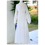 White Lia Linen Dress with Puff Sleeves & Fringe Detail