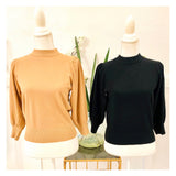 Black or Camel 3/4 Sleeve Mock Neck Pleated Puff Sleeve Sweater with Banded Waist