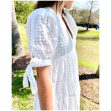 White Ribbon Sleeve Textured Olivia Dress