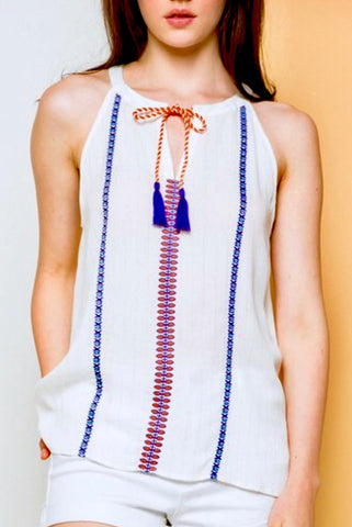 White Tank Top with Metallic Gold Pinstripe and Royal Blue Aqua and Orange Embroidery & Tassel Ties