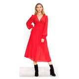 Red Bishop Sleeve Smocked Ruffle Waist Gauze Midi Dress