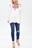 White Cold Shoulder Embroidered Tunic Top with Pink Tassels