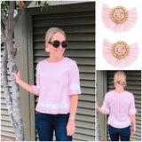 Baby Pink & White Pleated Bell Sleeve Top with Beautiful Exposed Gold Back Zipper