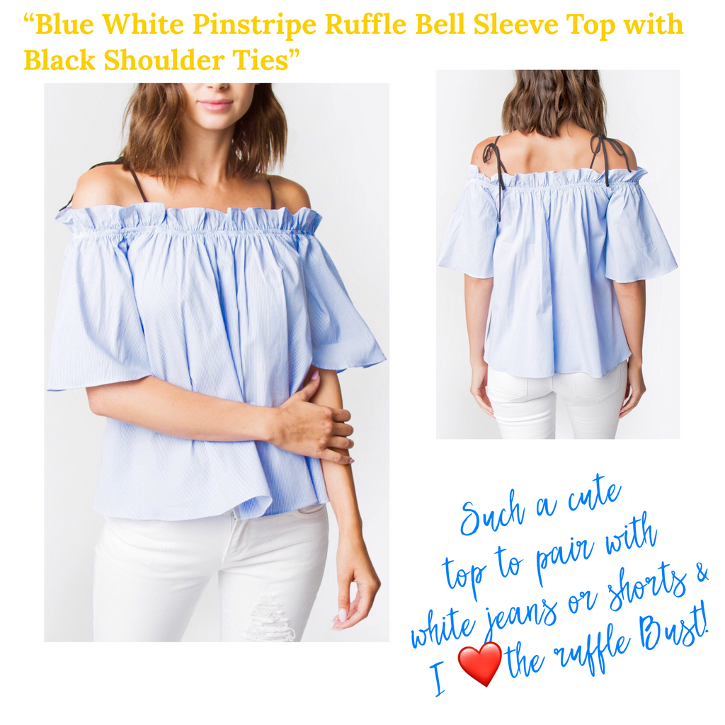 Blue White Pinstripe Off the Shoulder Ruffle Bell Sleeve Top with Black ...