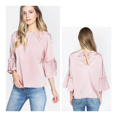 Blush Pink Ruffle 3/4 Bell Sleeve Top with BOW Back
