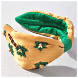 Green & Gold Satin Beaded Palm Tree Headband