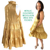 Metallic Gold Ruffle Neck Ellison Dress with POCKETS
