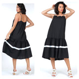 Black & White Stripe Drop Ruffle Hem MIDI Dress with Ruffle Bust Trim