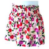 Pink & Red Floral Smocked Waist Marguerite Flare Shorts