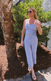 Blue White Seersucker Smocked Top & Cropped Palazzo Pants with Tie Waist - Matching Set (Sold Together)