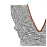 METALLIC Tweed Ruffle Sleeve A-Line Dress with Brown SUEDE Contrast Neckline