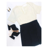 Black & Ivory Short Sleeve A-Line Dress with Pleated Front Skirt