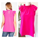 Hot Pink Ruffle Neck Sleeveless Top with Grommet Keyhole Back