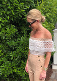 Light Camel Cropped Jumpsuit with Sailor Buttons & Off the Shoulder Peekaboo White Rope Lattice