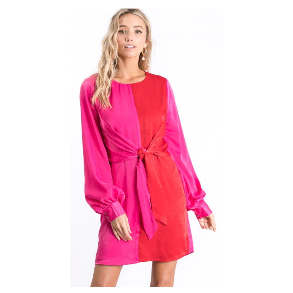 Magenta & Coral Red Satin Color Block Balloon Sleeve Dress with