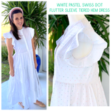 White PASTEL SWISS DOT Flutter Sleeve Tiered Hem Dress