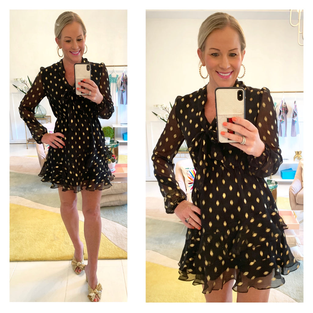 Dolce Inspired Black & Metallic Gold Lurex Dots Biased Ruffle Hem Chiffon Dress with Optional Bow Tie - James Ascher Dolce Inspired Black & Metallic Gold Lurex Dots Biased Ruffle Hem Chiffon Dress with Optional Bow Tie - James Ascher