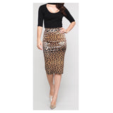 Black & Golden Taupe Leopard Print High Waisted Satin Stretch Midi Skirt with Back Zip