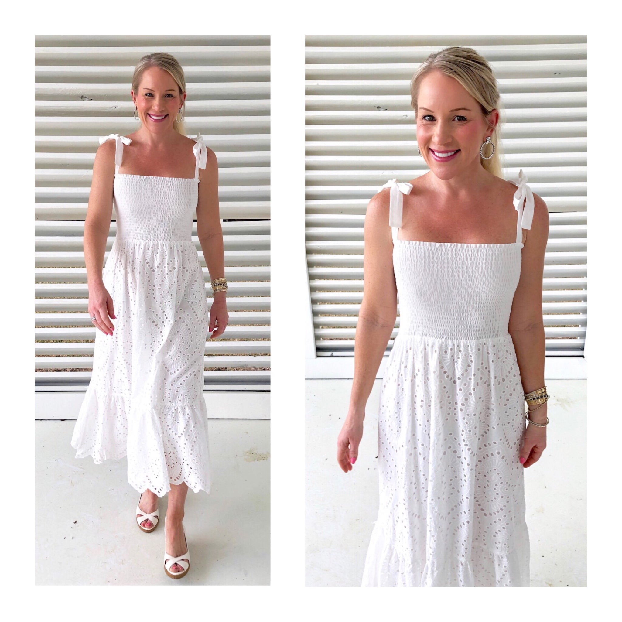 White Eyelet Smocked Ruffle Hem Midi Dress with Shoulder