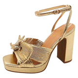 Gold Crinkle Bow Amelia Block Heel Sandal