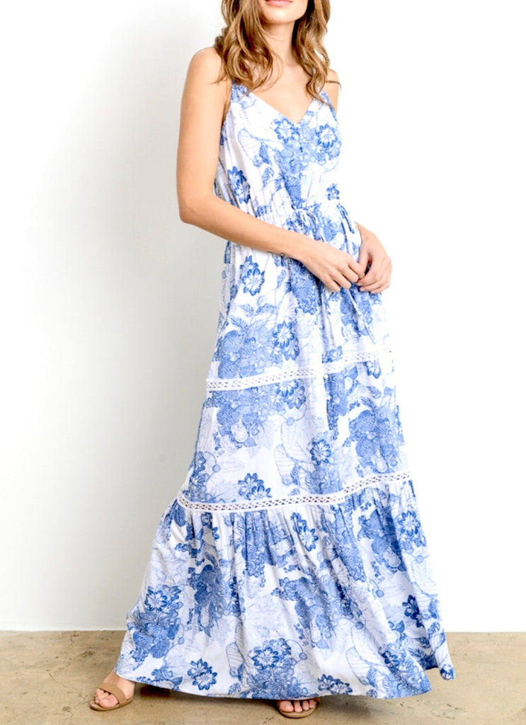 Blue White ‘Chinoiserie’ Maxi Dress with Self Tassel Tie Waist - James ...