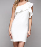 White One Shoulder Dress with Biased Ruffle on One Side
