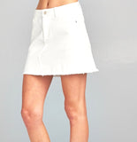 White Denim Zig Zag Skirt with Subtle Distressed Hem