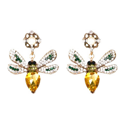 Rhinestone Amber & Emerald Bee Earrings