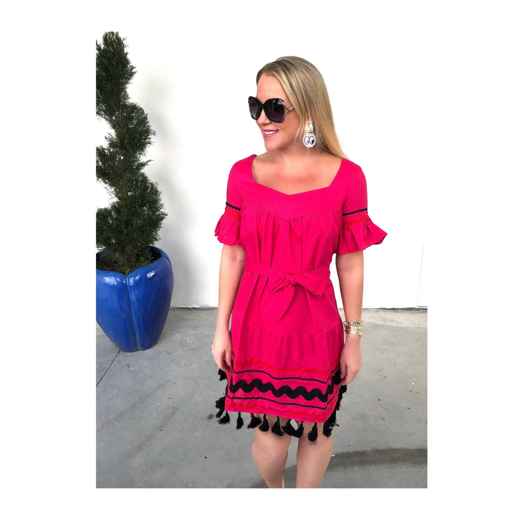 Magenta Bell Sleeve Belted Dress with Ric Rac Embroidery & Tassel Hem ...