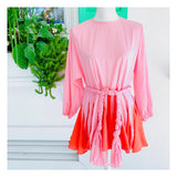 Pink Pleated 2 Tone Designer Inspired Adjustable Puff Sleeve Flare Dress with Optional Braided Belt