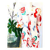 White Multicolor Abstract Floral Print Button Down Maxi Dress with Puff Sleeves & Banded Waist