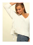 Ivory Knit V-Neck 3/4 Sleeve Sweater with Lace Up Sides