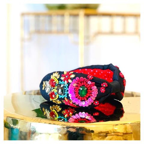 Black Fuchsia & Multicolor Beaded Floral Headband