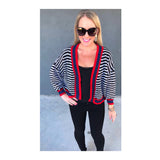 Black White Stripe Open Front Lightweight Cardigan with Red & Blue Banded Contrast